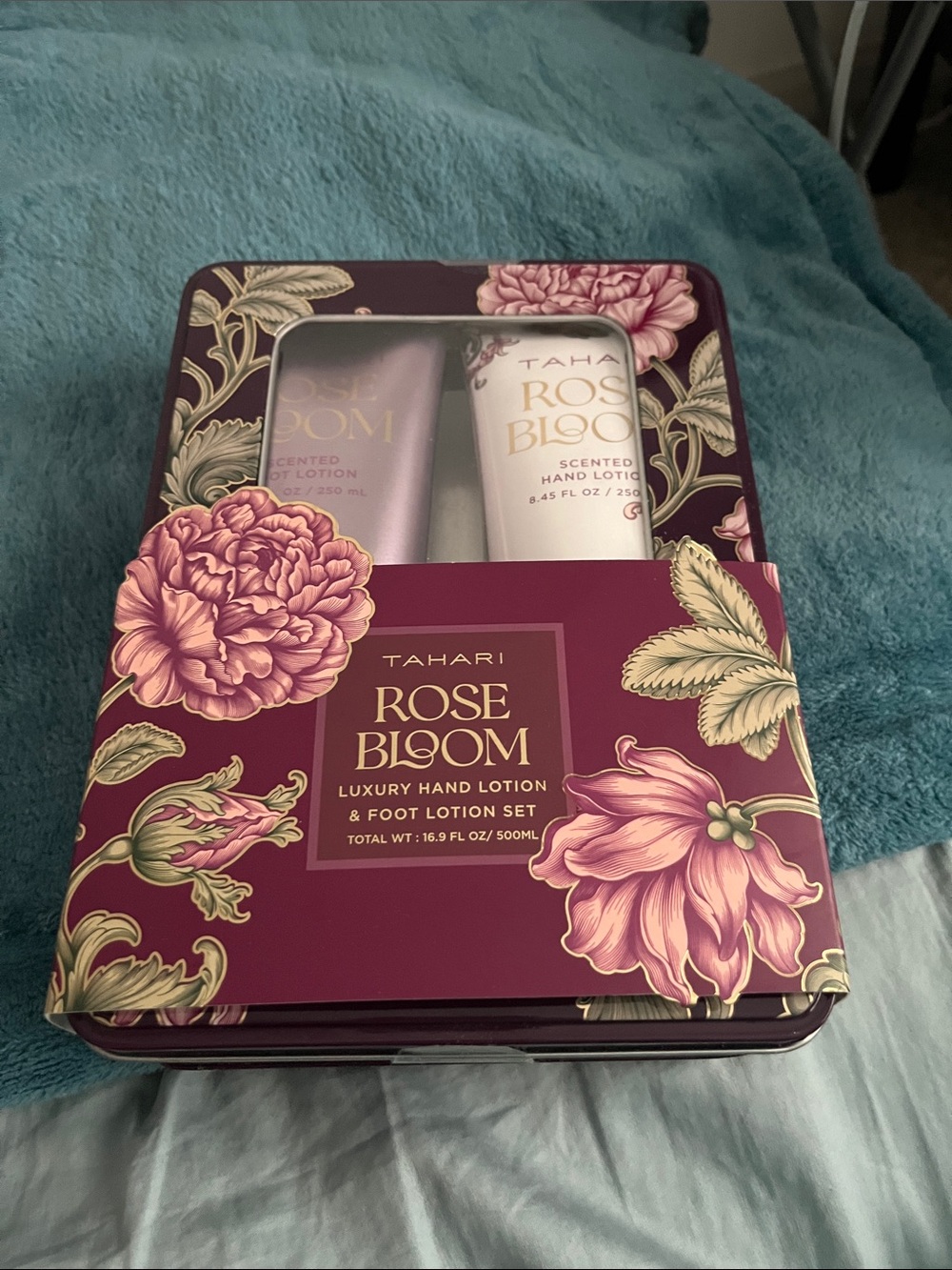 Tahari Rose Bloom Hand & Foot Lotion Set - Plum, Pink Floral Tin